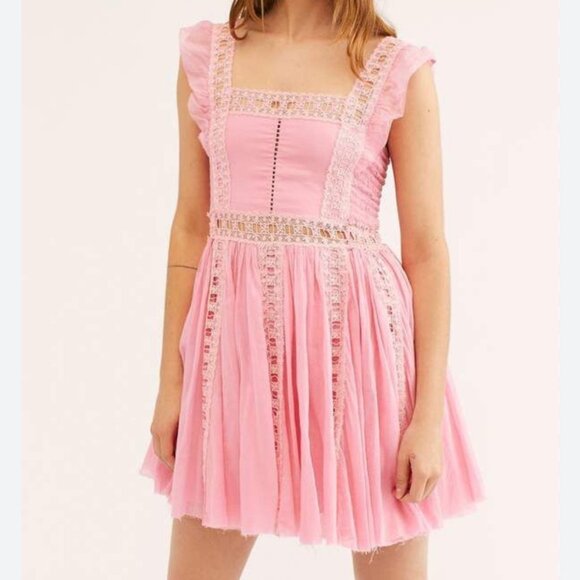Free People Verona Lace Crochet, Cotton Mini Dress - Pink - Size Small - Picture 4 of 13